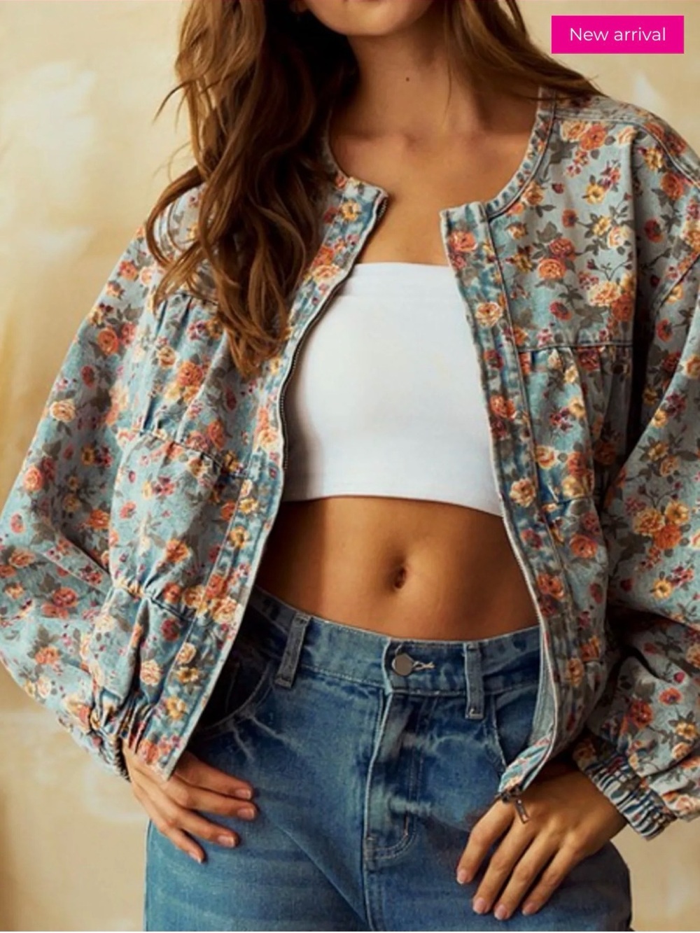 Floral Printed Light Blue Bomber Jacket - Women's